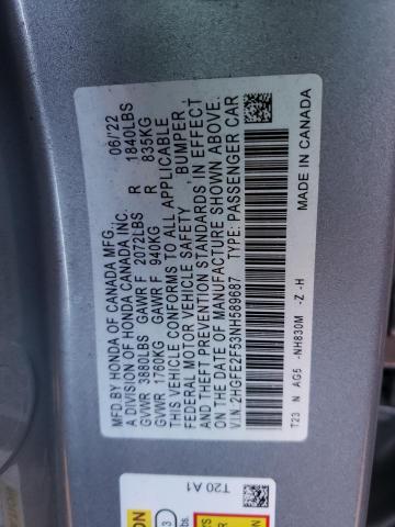 2HGFE2F53NH589687 - 2022 HONDA CIVIC SPORT SILVER photo 12