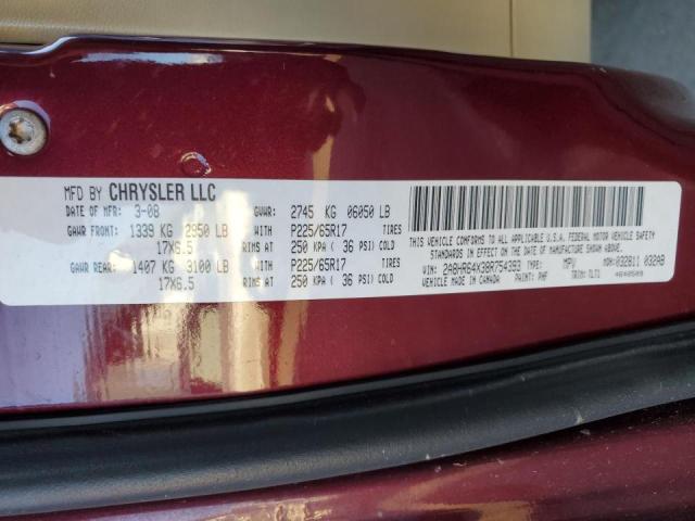 2A8HR64X38R754393 - 2008 CHRYSLER TOWN & COU LIMITED MAROON photo 12