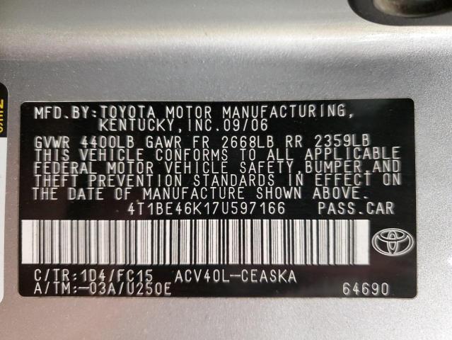 4T1BE46K17U597166 - 2007 TOYOTA CAMRY CE SILVER photo 13