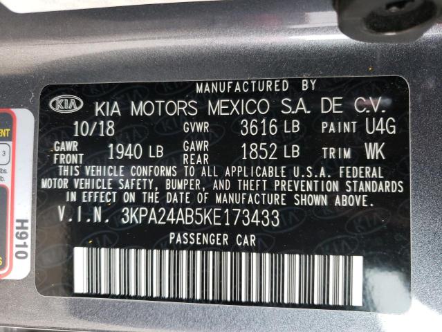 3KPA24AB5KE173433 - 2019 KIA RIO S GRAY photo 12