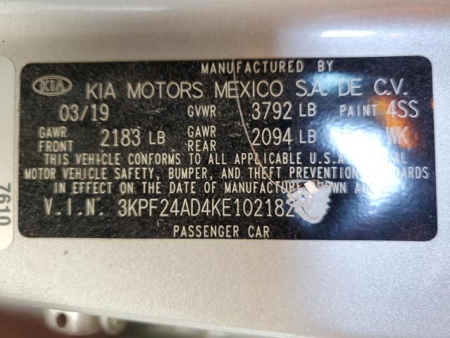 3KPF24AD4KE102182 - 2019 KIA FORTE FE SILVER photo 13