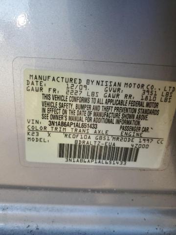 3N1AB6AP1AL651433 - 2010 NISSAN SENTRA 2.0 SILVER photo 12