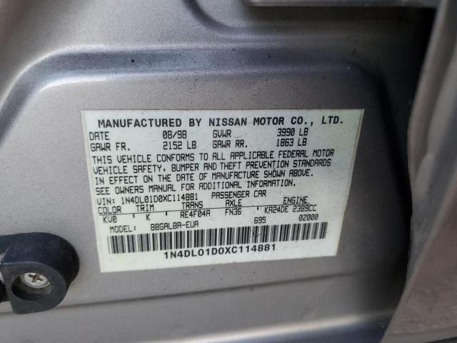 1N4DL01D0XC114881 - 1999 NISSAN ALTIMA XE GRAY photo 12