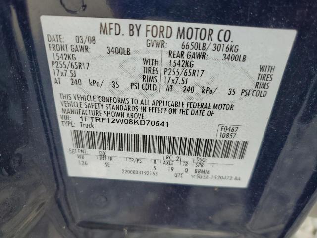 1FTRF12W08KD70541 - 2008 FORD F150 BLUE photo 12