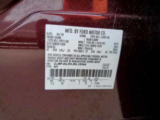 2LMPJ6LRXJBL39549 - 2018 LINCOLN MKX RESERVE Բորդո լուսանկար 14