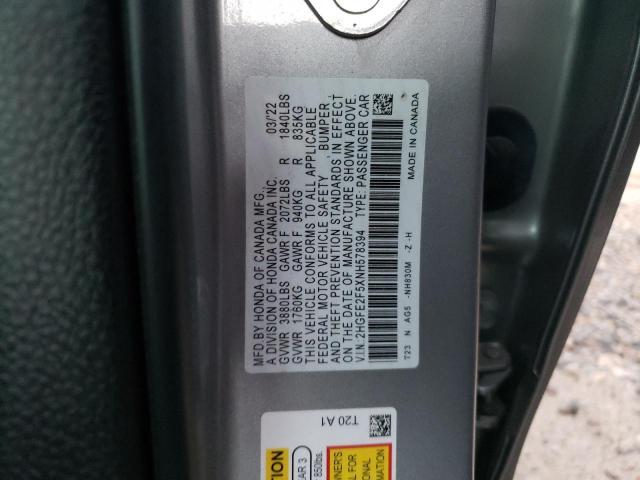 2HGFE2F5XNH578394 - 2022 HONDA CIVIC SPORT SILVER photo 12