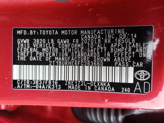 2T1BURHE6FC263660 - 2015 TOYOTA COROLLA L RED photo 13