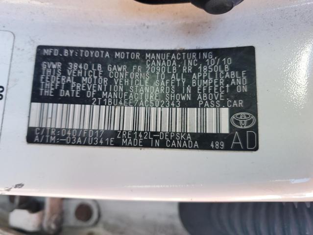 2T1BU4EE7AC502343 - 2010 TOYOTA COROLLA BASE WHITE photo 12