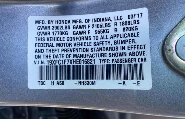 19XFC1F7XHE016821 - 2017 HONDA CIVIC EXL 银色 照片 10