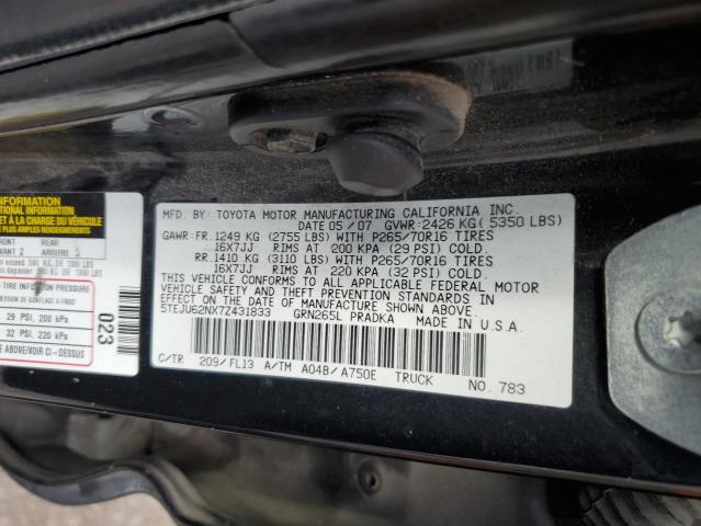 5TEJU62NX7Z431833 - 2007 TOYOTA TACOMA DOUBLE CAB PRERUNNER BLACK photo 12