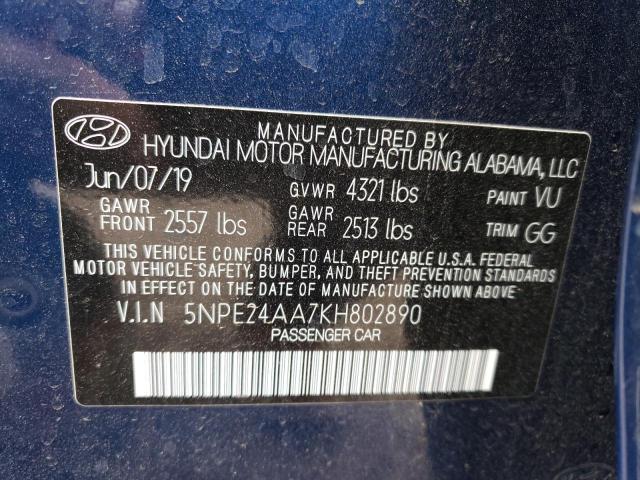 5NPE24AA7KH802890 - 2019 HYUNDAI SONATA ECO TURBO BLUE photo 12