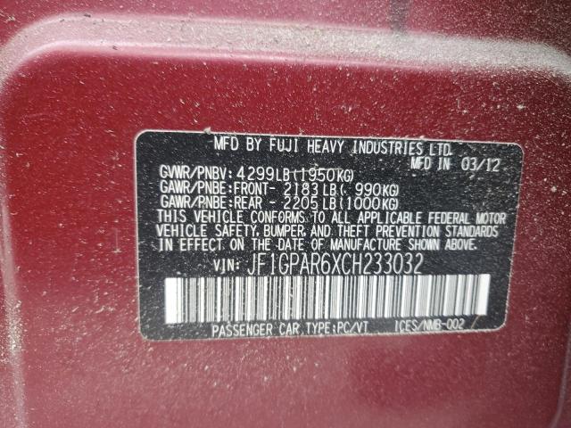 JF1GPAR6XCH233032 - 2012 SUBARU IMPREZA SPORT LIMITED BURGUNDY photo 12