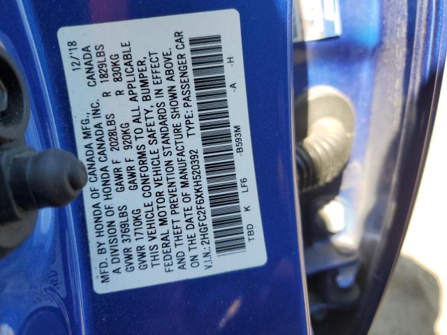 2HGFC2F6XKH520392 - 2019 HONDA CIVIC LX 蓝色 照片 12