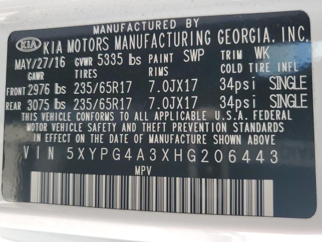 5XYPG4A3XHG206443 - 2017 KIA SORENTO LX WHITE photo 12