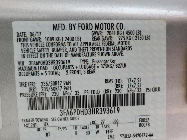 3FA6P0HD3HR393619 - 2017 FORD FUSION SE SILVER photo 12