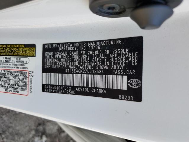 4T1BE46K27U613584 - 2007 TOYOTA CAMRY CE WHITE photo 12