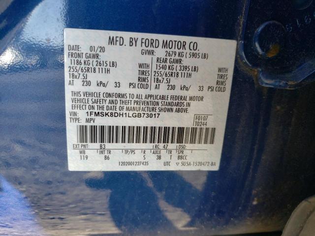 1FMSK8DH1LGB73017 - 2020 FORD EXPLORER XLT BLUE photo 13