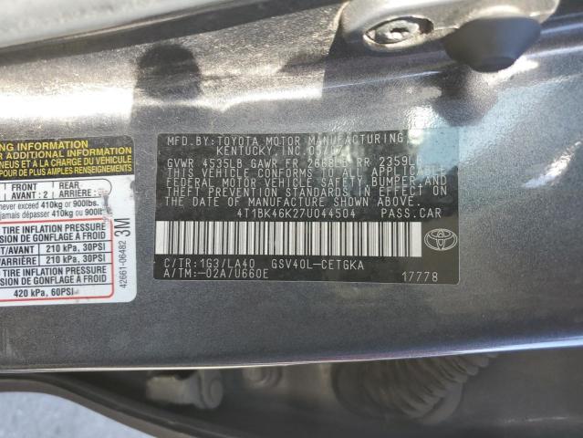 4T1BK46K27U044504 - 2007 TOYOTA CAMRY LE GRAY photo 12