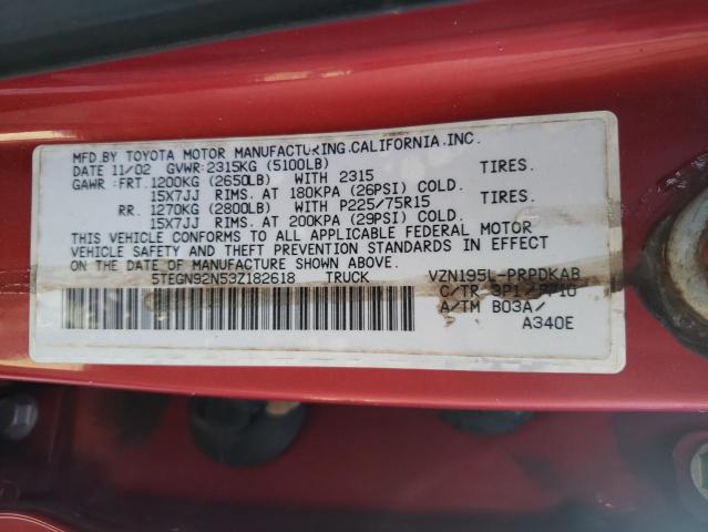 5TEGN92N53Z182618 - 2003 TOYOTA TACOMA DOUBLE CAB PRERUNNER RED photo 12