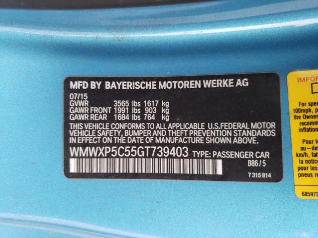 WMWXP5C55GT739403 - 2016 MINI COOPER BLUE photo 12