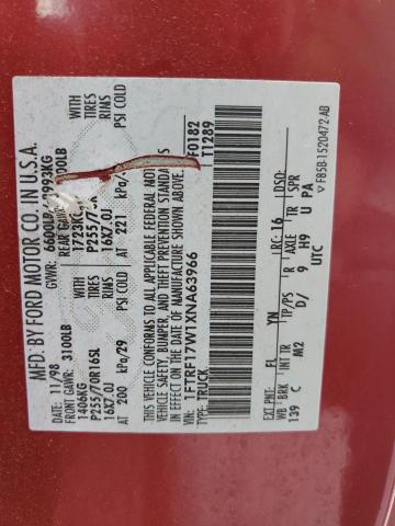 1FTRF17W1XNA63966 - 1999 FORD F150 RED photo 12