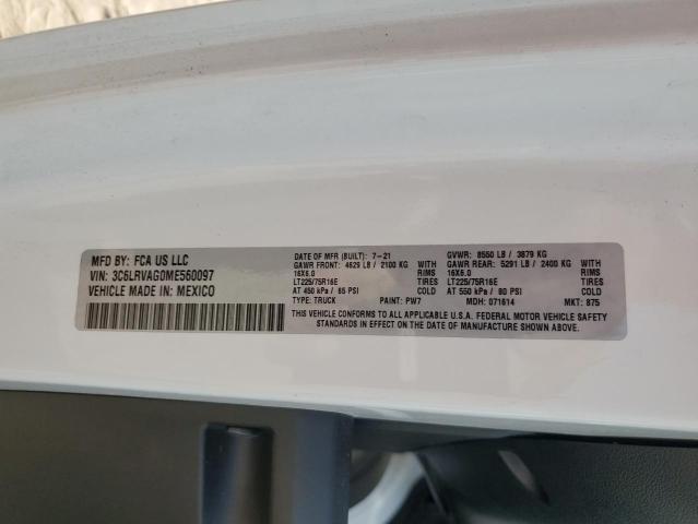 3C6LRVAG0ME560097 - 2021 RAM PROMASTER 1500 STANDARD Սպիտակ լուսանկար 14