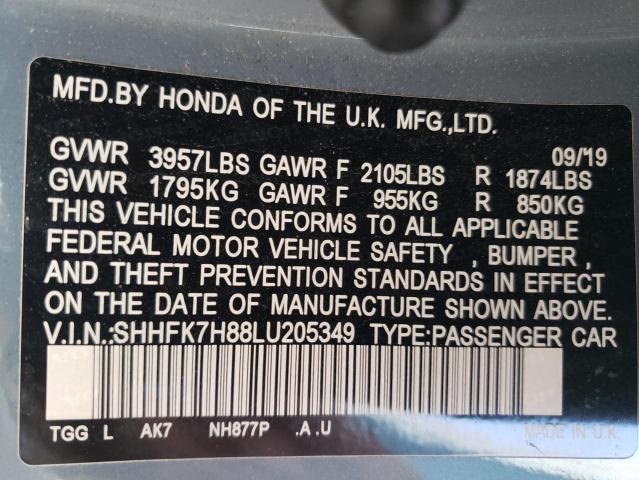 SHHFK7H88LU205349 - 2020 HONDA CIVIC EXL BLUE photo 12