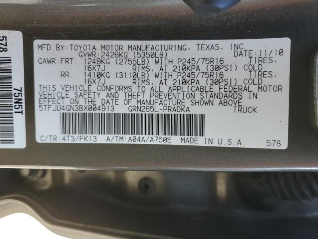 5TFJU4GN3BX004913 - 2011 TOYOTA TACOMA DOUBLE CAB PRERUNNER GRAY photo 12