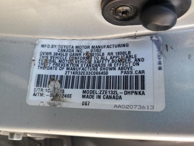 2T1KR32E33C066450 - 2003 TOYOTA COROLLA MA XR SILVER photo 12