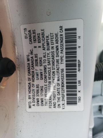 2HGFC2F80KH533766 - 2019 HONDA CIVIC SPORT WHITE photo 12