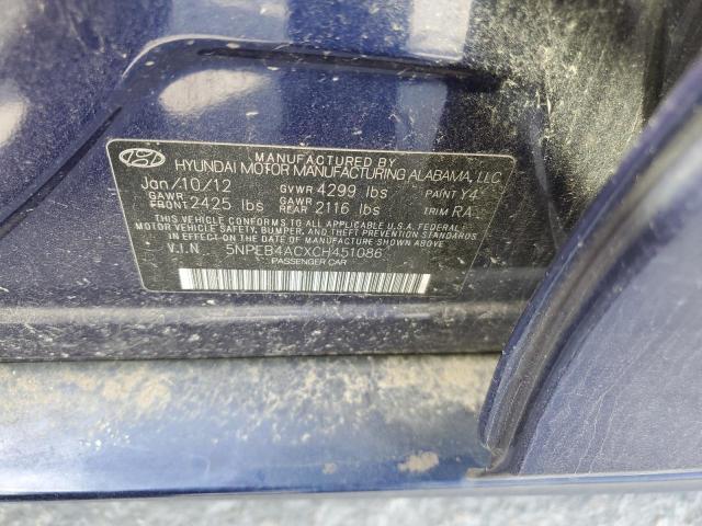 5NPEB4ACXCH451086 - 2012 HYUNDAI SONATA GLS BLUE photo 12