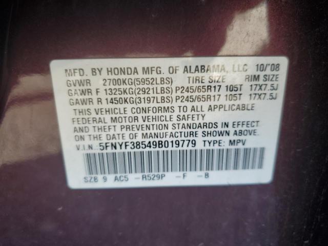 5FNYF38549B019779 - 2009 HONDA PILOT EXL BURGUNDY photo 12