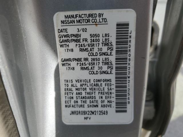 JNRDR09X22W212549 - 2002 INFINITI QX4 SILVER photo 12