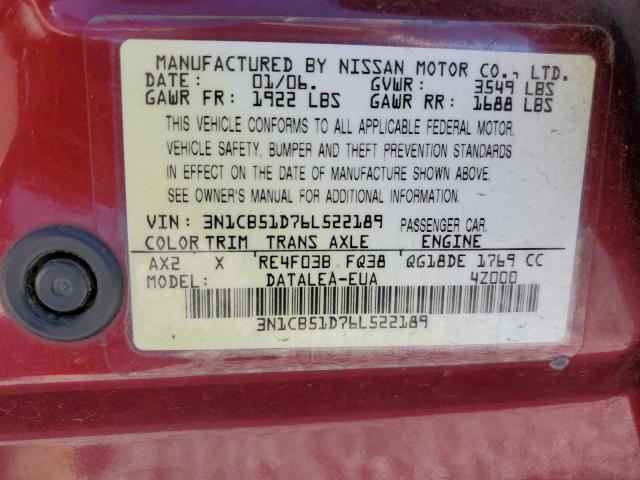 3N1CB51D76L522189 - 2006 NISSAN SENTRA 1.8 BURGUNDY photo 12