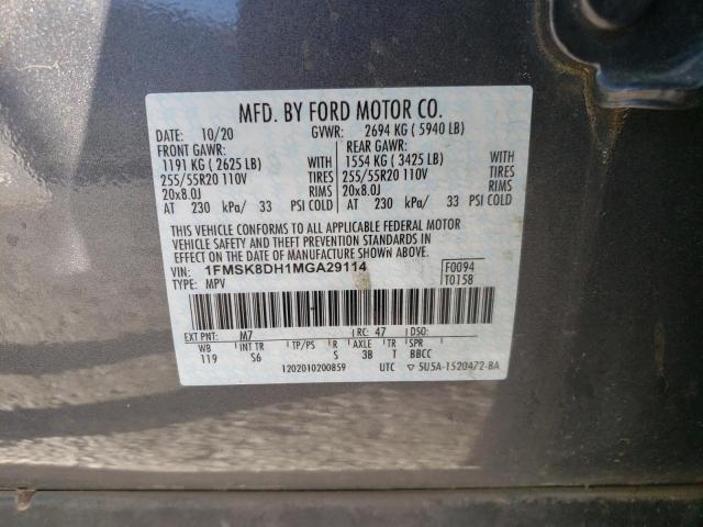 1FMSK8DH1MGA29114 - 2021 FORD EXPLORER XLT Szary zdjęcie 14