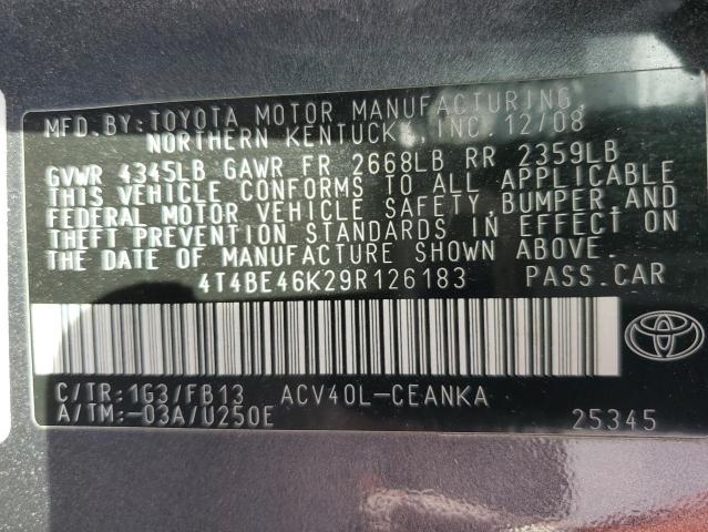 4T4BE46K29R126183 - 2009 TOYOTA CAMRY 4D 2 BASE GRAY photo 12
