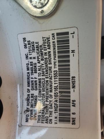 1HGFA16516L111553 - 2006 HONDA CIVIC LX WHITE photo 12