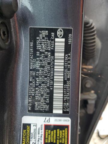 4T1BF1FK8CU175756 - 2012 TOYOTA CAMRY BASE CHARCOAL photo 13