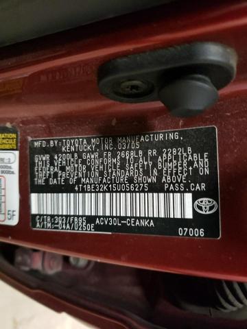 4T1BE32K15U056275 - 2005 TOYOTA CAMRY LE RED photo 12