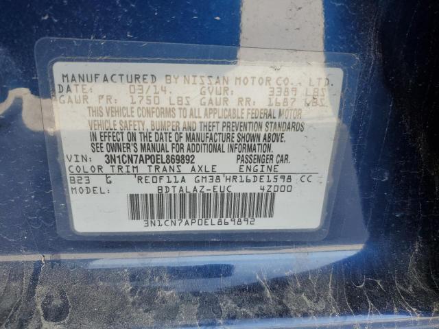 3N1CN7AP0EL869892 - 2014 NISSAN VERSA S BLUE photo 13