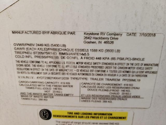 4YDT23921KK412039 - 2019 KEYSTONE PASSPORT WHITE photo 10