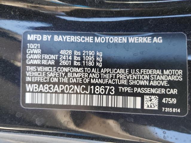 WBA83AP02NCJ18673 - 2022 BMW M440I BLACK photo 12