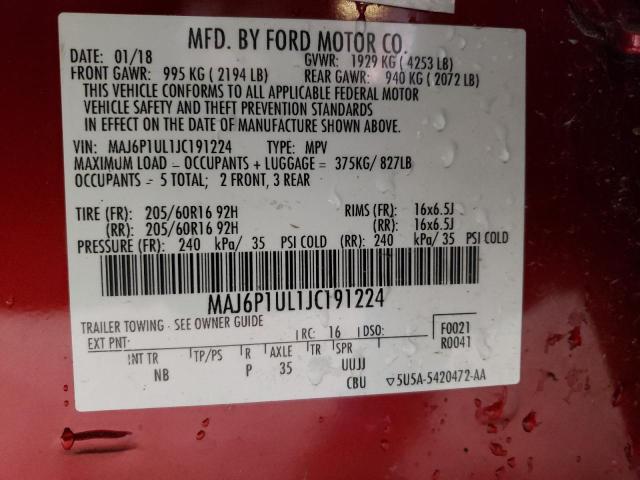 MAJ6P1UL1JC191224 - 2018 FORD ECOSPORT SE BURGUNDY photo 12