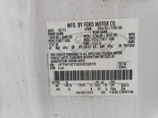 1FTNF1ET0DKE32515 - 2013 FORD F150 WHITE photo 12