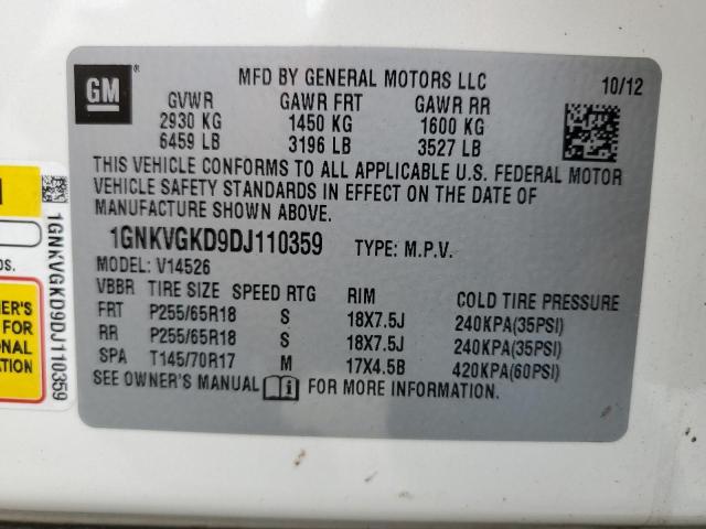 1GNKVGKD9DJ110359 - 2013 CHEVROLET TRAVERSE LT WHITE photo 13