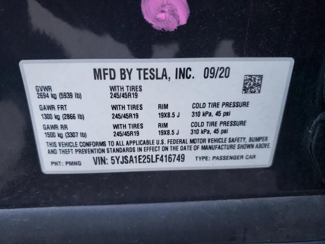 5YJSA1E25LF416749 - 2020 TESLA MODEL S GRAY photo 12