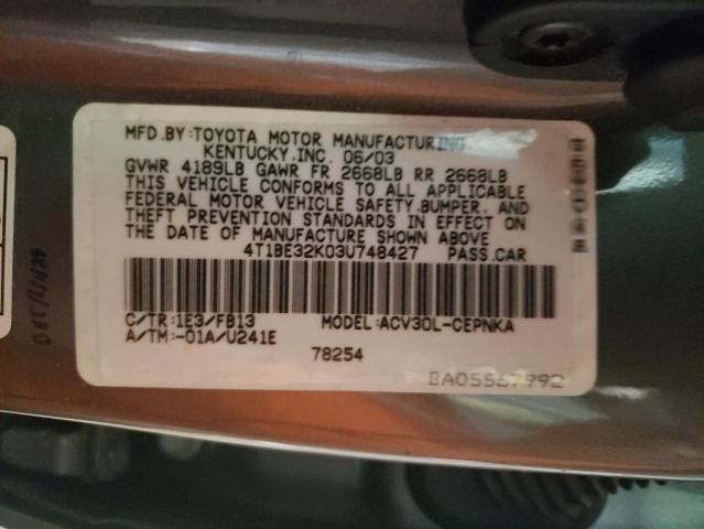 4T1BE32K03U748427 - 2003 TOYOTA CAMRY LE GRAY photo 12