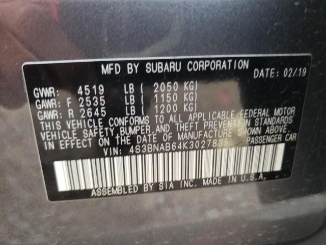 4S3BNAB64K3027835 - 2019 SUBARU LEGACY 2.5I GRAY photo 12