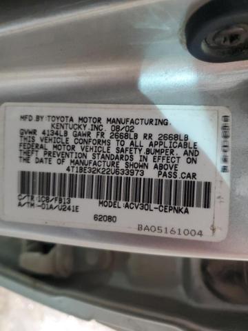 4T1BE32K22U633973 - 2002 TOYOTA CAMRY LE SILVER photo 12