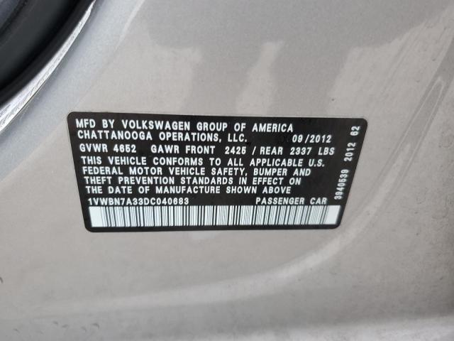 1VWBN7A33DC040683 - 2013 VOLKSWAGEN PASSAT SE SILVER photo 13